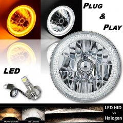 7" Motorcycle White / Amber Halo Angel Eye Crystal Clear H4 LED Headlight Lamp