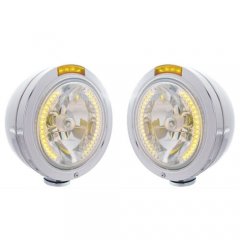 Stainless Bullet H4 7" Headlight Lamp Bulb Bucket w/ Amber LED Halo Lens Pair