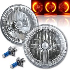 7" Halogen Amber LED Halo Angel Eyes Headlight Headlamp H4 Light Bulbs Pair 12V