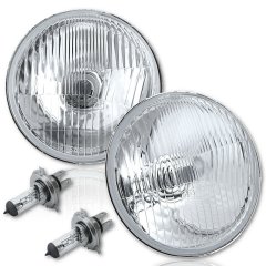 5-3/4" Stock H4 Halogen Headlight 55/60W Light Bulbs - Glass/Metal Headlamp Pair