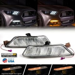 Sequential LED White Amber Blinker Clear Front Lens Pair For 15-17 Ford Mustang