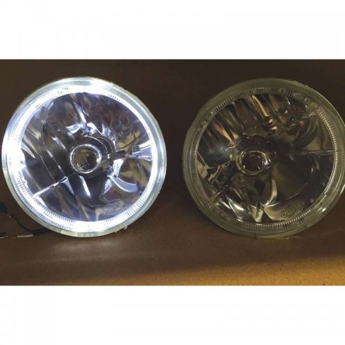 7" Crystal Clear Glass/Metal H4 Halogen White LED Halo Headlight Light Bulb Pair