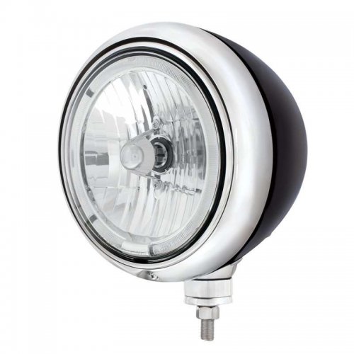 Black "Guide" Style Hot Rod Headlight w/ No Turn Signal - White LED Halo Rim Halogen | Headlight Components