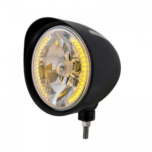 Black "BILLET" Style Groove Headlight with Visor - 34 Amber LED Crystal Halogen | Headlight Components