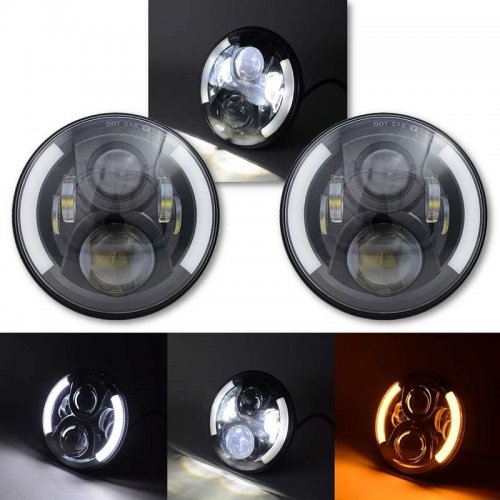 7" Black Projector HID 6500K 6K LED Octane Headlight White And Amber DRL Pair