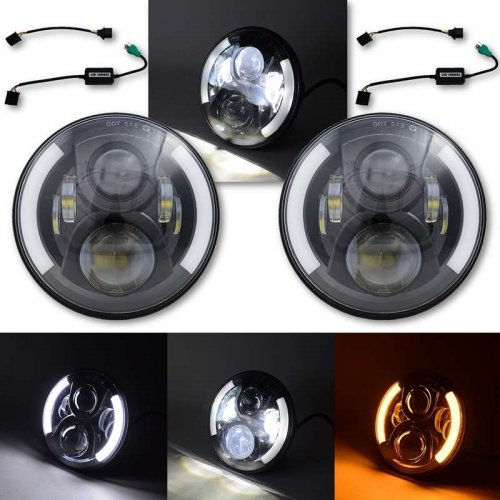 97-17 Jeep Wrangler 7" Black Projector 6500K LED Headlight W/ White And Amber DRL