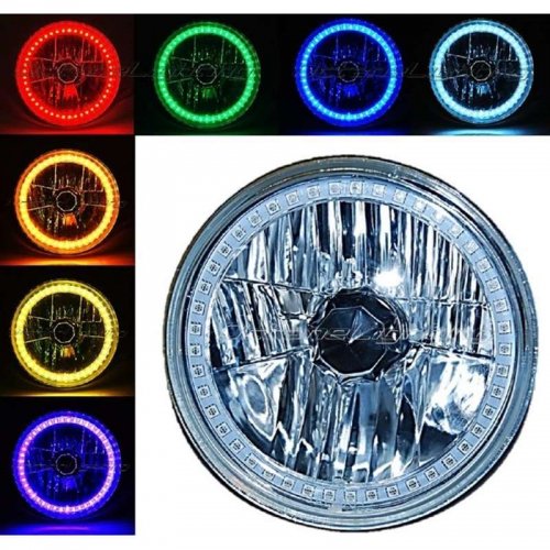 7" Motorcycle RGB Multi-Color White Red Blue Green LED Halo Angel Eye Headlight