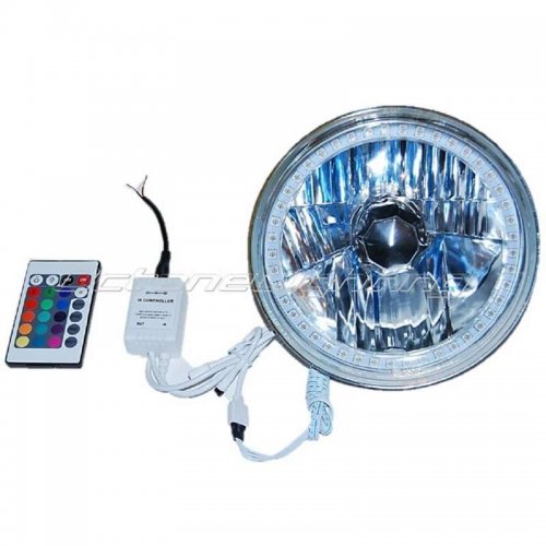 7" Motorcycle RGB Multi-Color White Red Blue Green LED Halo Angel Eye Headlight