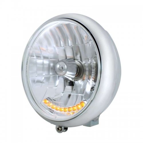 Chrome 7" Motorcycle Grooved Headlight w/ 10 Amber Auxiliary LED Bulb | Motorcycle Products