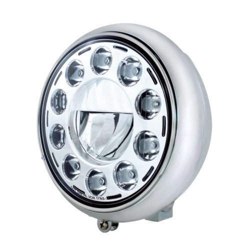 Chrome 7" Motorcycle Grooved Headlight w/ Chrome 11 LED Bulb | Motorcycle Products