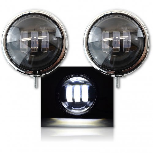 Moto Black LED Passing Auxiliary Fog Lights w/ Chrome Housing Buckets Pair