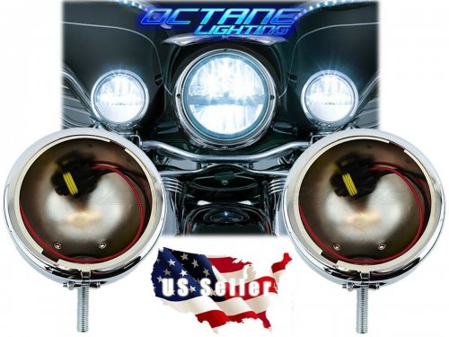 4.5" Motorcycle Passing Fog Auxiliary Light Chrome Housing Bucket Pair: Harley