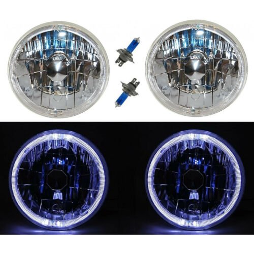 7" Halogen H4 Headlight Headlamp White LED Halo Angel Eyes Light Bulbs 12 Volt