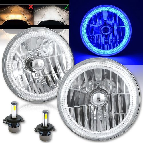 7" Blue COB LED Halo Angel Eye Headlights 6K 4000Lm LED Light Bulb Headlamp Kit