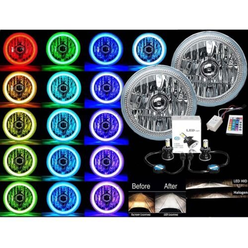 7" RGB COB Multi-Color White Red Blue Green Halo Angel Eye 6K LED Headlight Pair