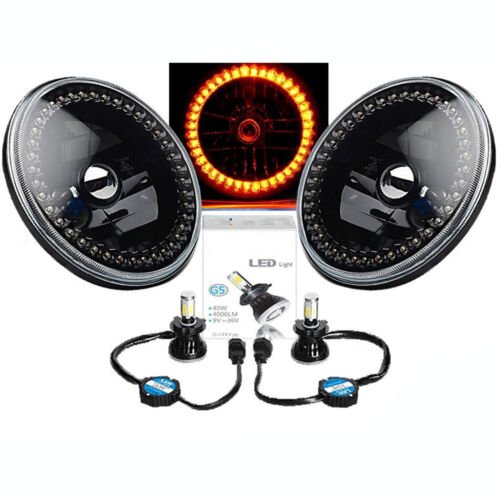 Black Headlight Amber Halo Angel Eye 6K LED Light Pair Fits 76-16 Jeep Wrangler