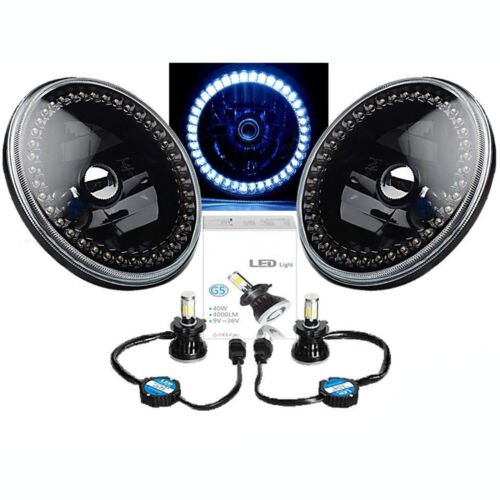 7" Black Headlight White LED SC Halo Angel Eye Headlamp 6K LED Light Bulb Pair