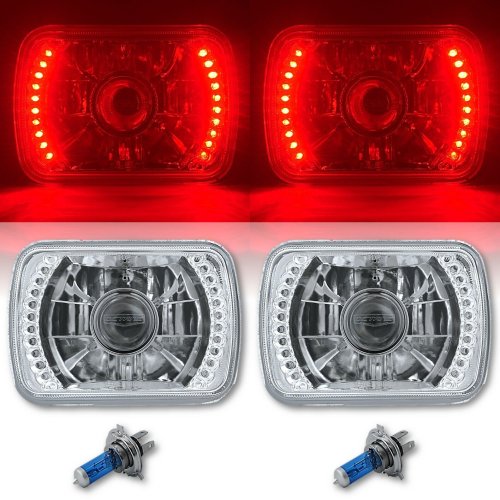 7X6 Red LED Halo Projector Halogen Crystal Headlights Angel Eye H4 Light Bulbs