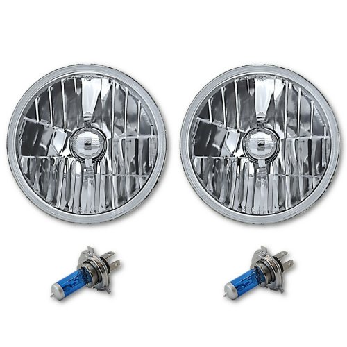 7" Crystal Glass/Metal Headlight 60/55 Halogen H4 White Light Bulb Headlamp Pair