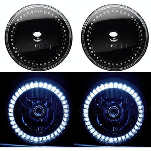 7" HID White LED Halo Ring Angel Eyes Black Headlight 6K Light Lamp Bulbs Pair