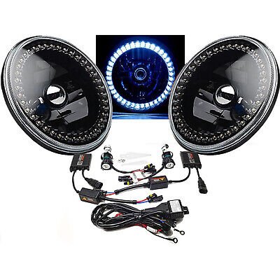 HID Black Headlight White LED Halo Angel Eye Light Pair Fits 76-16 Jeep Wrangler