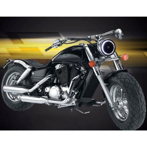 7" Halogen Motorcycle White Halo Ring H4 Light Bulb Black Headlight For: Harley