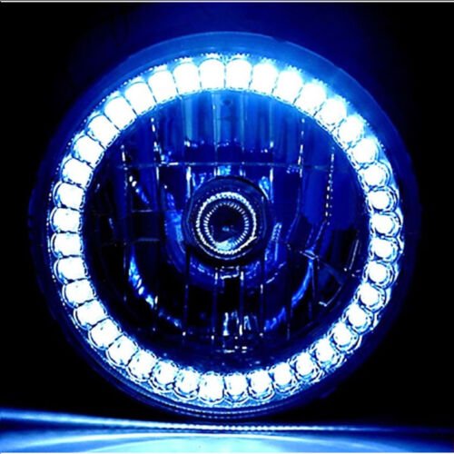 7" Halogen Motorcycle White Halo Ring H4 Light Bulb Black Headlight For: Harley