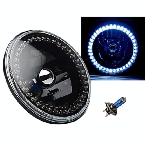 7" Halogen Motorcycle White Halo Ring H4 Light Bulb Black Headlight For: Harley