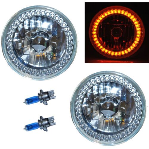 55 56 57 Chevy Halogen H4 Headlight Headlamp Crystal Amber LED Halo Ring Bulbs