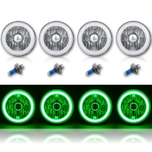 5-3/4" Green LED COB SMD Halo Angel Eye Halogen Light Bulbs Metal Headlights Set