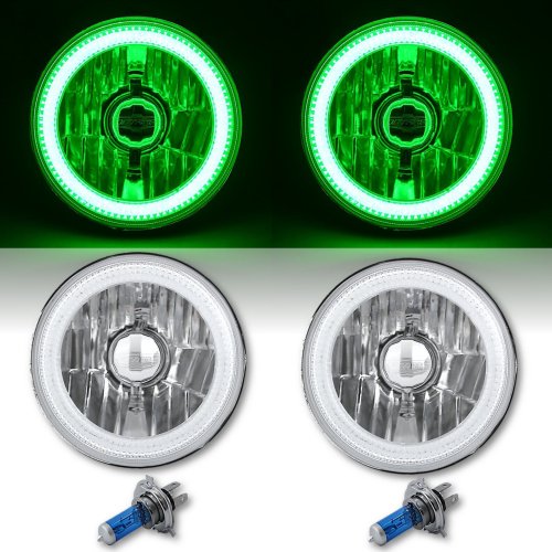 5-3/4" Green LED COB SMD Halo Angel Eye Halogen Light Bulb Metal Headlights Pair