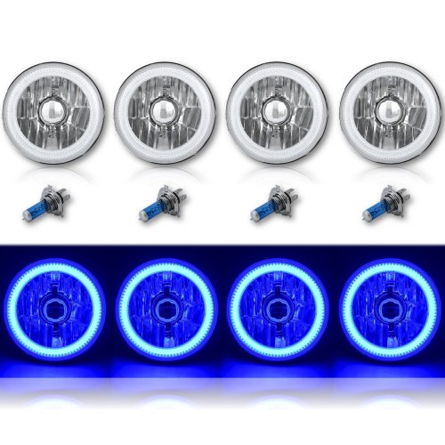 5-3/4" Blue LED COB SMD Halo Angel Eye Halogen Light Bulbs Metal Headlights Set