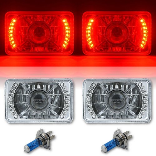 4X6" Red LED Halo Projector Halogen Headlight Headlamp Bulbs Crystal Clear Pair