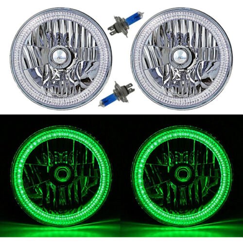 7" SMD Green LED Halo Angel Eyes H4 Headlamp Headlight Halogen Light Bulbs Pair