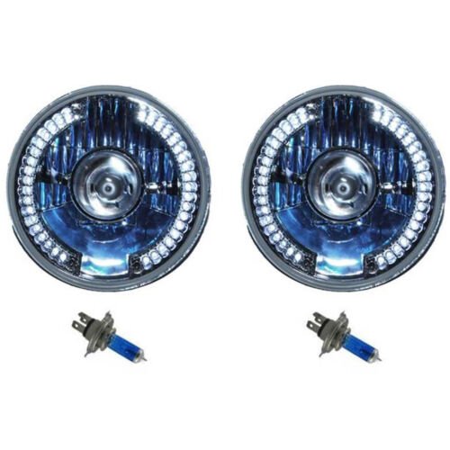 7" Halogen White LED Halo Angel Eyes Projector Headlight Headlamp H4 Bulbs Pair