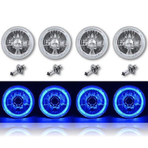 5-3/4" Blue LED Halo Halogen Light Bulb Crystal Clear H4 Headlight Angel Eye Set