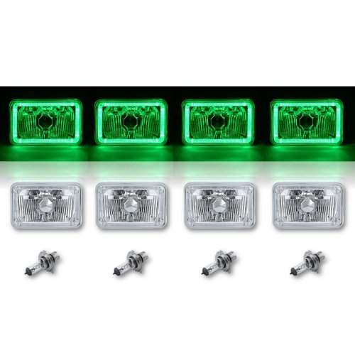 4X6" Green LED Halo Angel Eye Halogen Headlight Headlamp Bulbs Crystal Clear Set