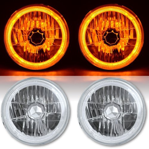 7" Halogen H4 12V Headlight Headlamp Amber LED Halo Angel Eyes Light Bulbs Pair