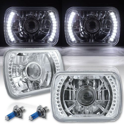 7X6 White LED Halo Projector Halogen Crystal Headlights Angel Eye H4 Light Bulbs