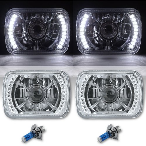 7X6 White LED Halo Projector Halogen Crystal Headlights Angel Eye H4 Light Bulbs