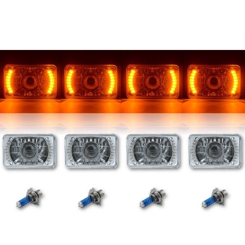 4X6" Amber LED Halo Projector Halogen Headlight Headlamp Bulbs Crystal Clear Set