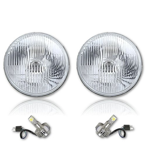 7" Stock Glass Lens/Metal Headlight LED 6K 18/24w H4 Light Bulb Headlamp Pair