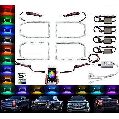 14-16 Chevy Silverado Multi-Color LED RGB SMD Headlight Halo Ring BLUETOOTH Set