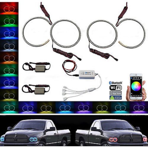 Multi-Color Shift LED Headlamp Halo Ring BLUETOOTH Set For 02-05 Dodge Ram Sport