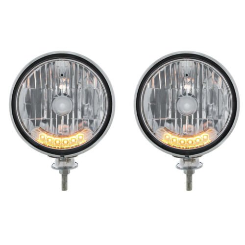 7" Stainless Dietz Crystal Headlight Assembly w/ 6 Amber Auxiliary LEDs Pair