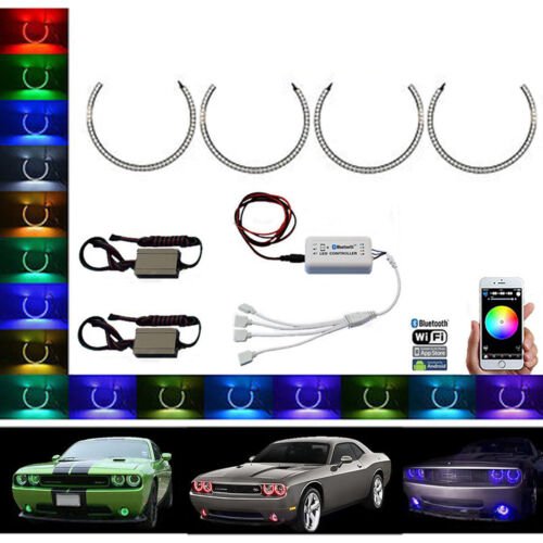 Multi-Color LED RGB Headlamp Halo Ring BLUETOOTH Set For 08-14 Dodge Challenger