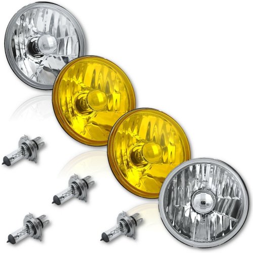 5-3/4" Halogen Crystal Clear Headlight Amber Yellow Glass Fog H4 Light Bulbs Set