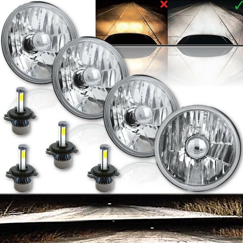 5-3/4 Crystal Clear Metal Glass Headlight LED 4000Lm H4 Light Bulb Headlamp Set