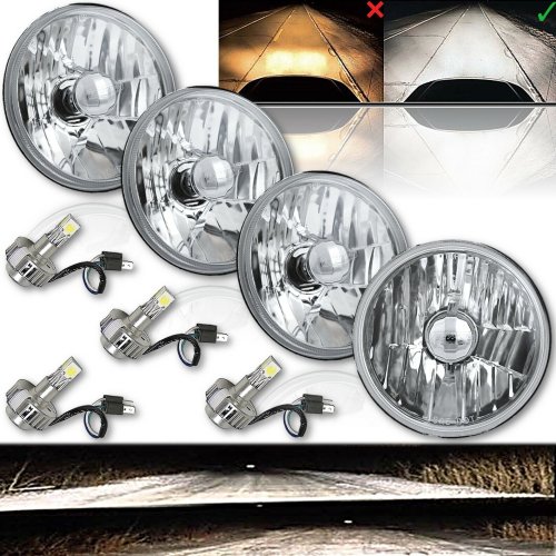 5-3/4" Crystal Clear Glass Metal Headlight 6k LED HID H4 Light Bulb Headlamp Set