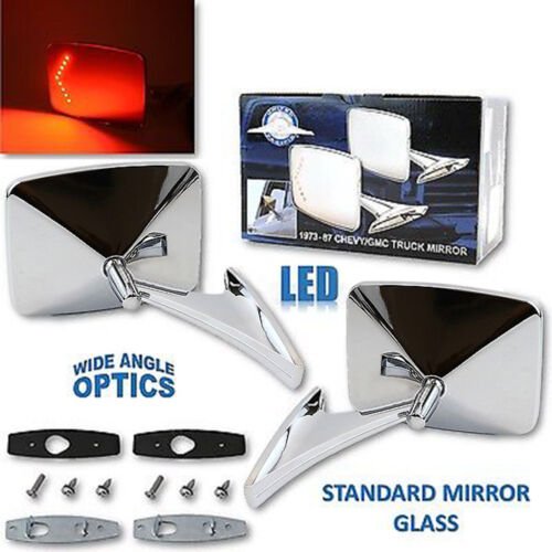 73-91 Chevy Truck Chrome Square LED Turn Signal Convex Rear View Door Mirrors Pr